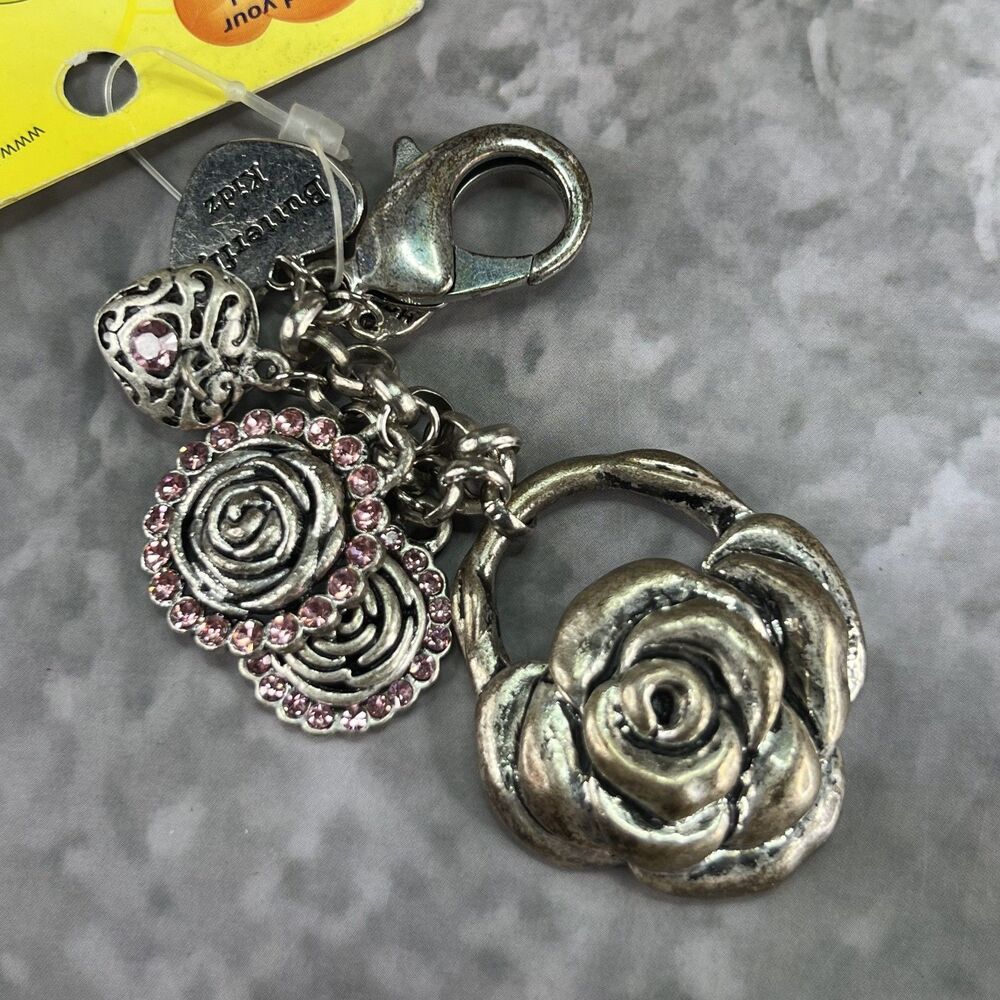Vintage Silver Tone Heart & Rose Charm Keychain Bling Purse Charm Keyring NEW